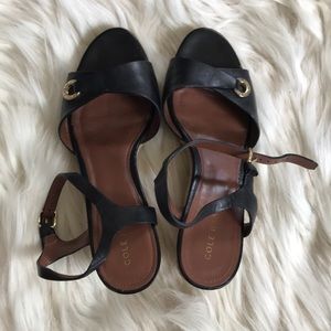 Cole Haan black leather open toe wedge espadrille